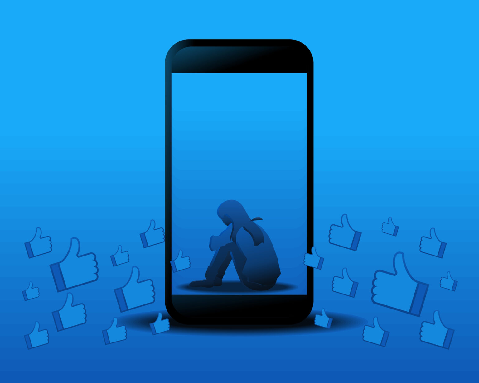Silhouette of female character sitting alone inside smartphone Social media anxiety disorder design symbol concept. Illustration vector