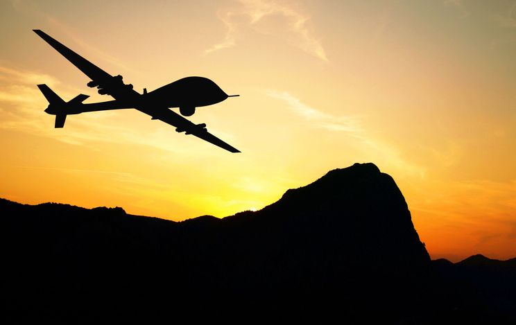 Drone flying over mountains on sunset background. Illustration