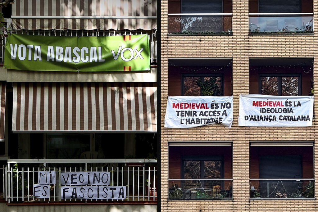 Expressions veïnals i propaganda política en balcons de Barcelona i Vic reflecteixen la polarització del debat sobre immigració, identitat i drets socials.