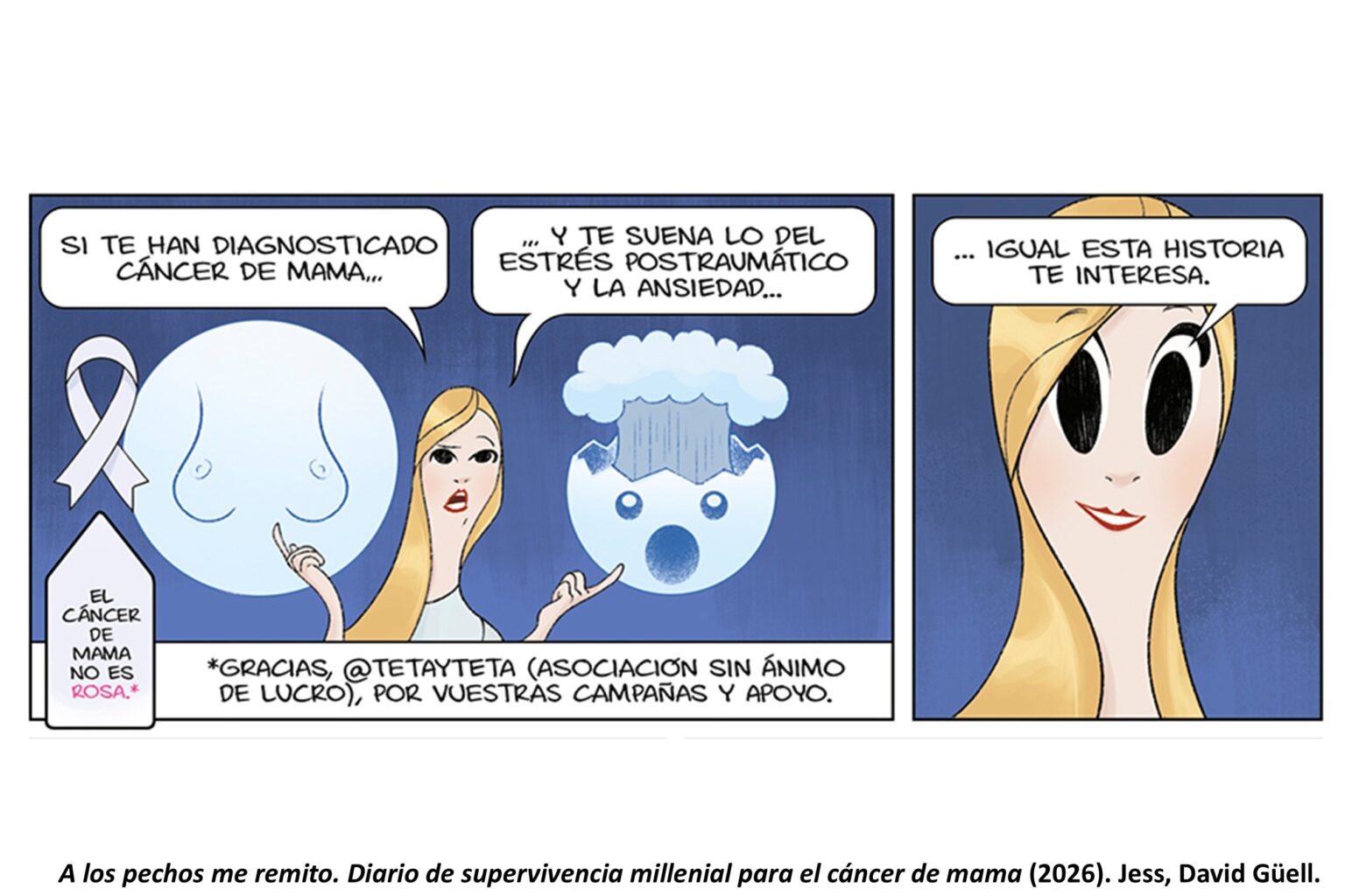 Prevenir des de la vinyeta: el còmic que reivindica les proves genètiques davant el càncer de mamaNorma Editorial publica el còmic A los pechos me remito, amb guió de Jess i dibuix de David Güell. Lluny del to tràgic o heroic, l'obra relata l'experiència real de l'autora davant la mutació genètica BRCA1 i transforma l'estigma i les metàfores de guerra en empatia, cultura pop i conscienciació preventiva.